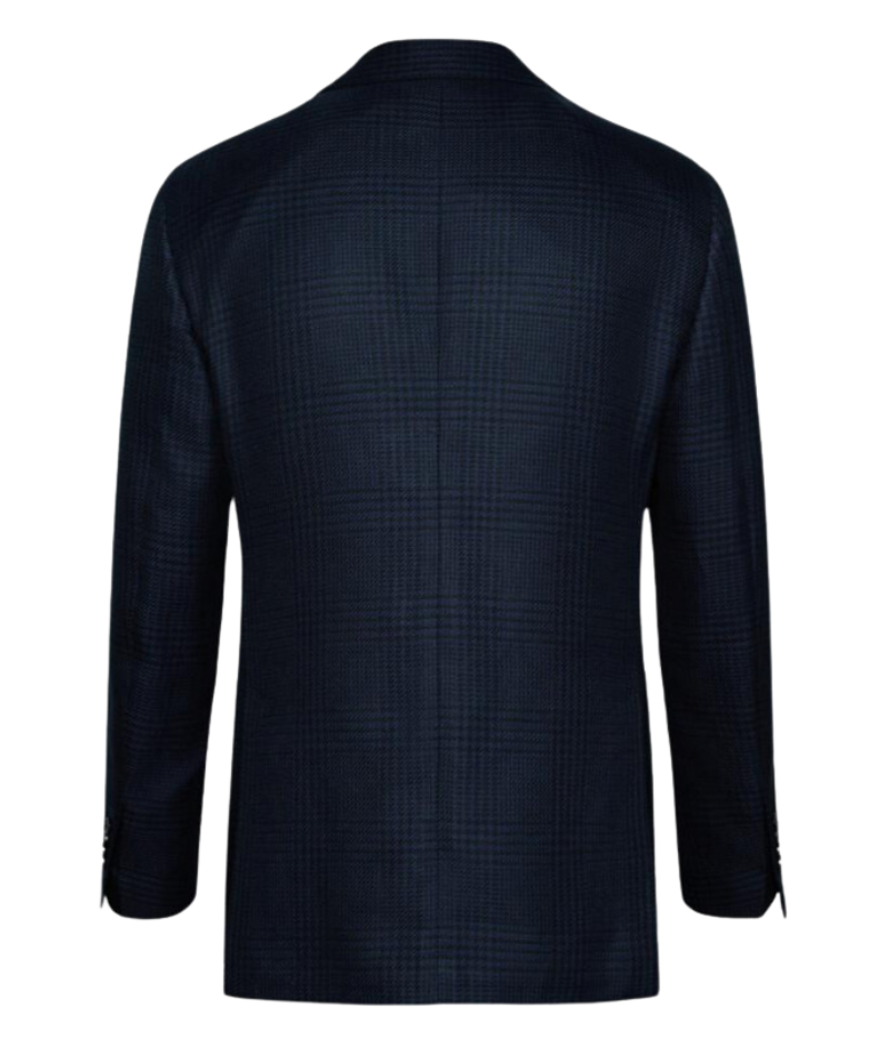 Navy checked Lardini blazer crafted from a cotton and flax blend, featuring a single-breasted design, subtle check pattern, signature lapel flower, and lightweight half-lined interior.