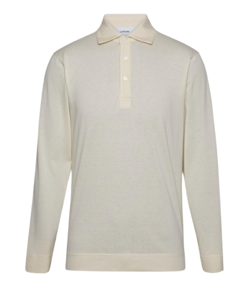 Lardini long sleeve polo in cream, made from a lightweight cotton-silk blend, featuring a classic collar, button placket, and a soft, breathable finish.