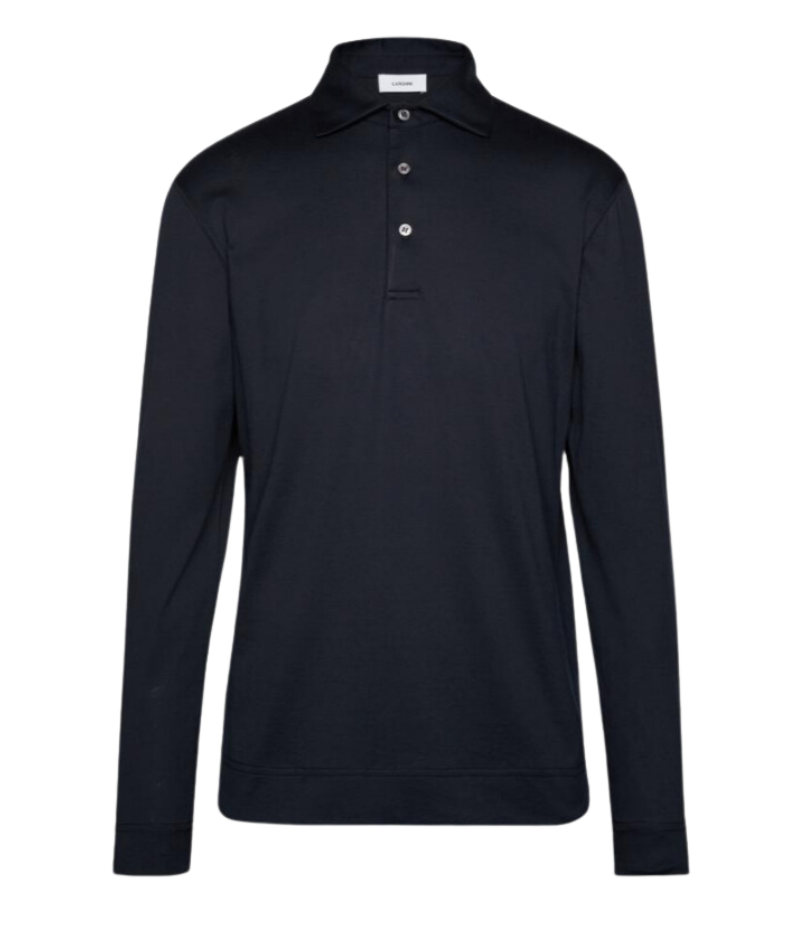 Lardini long sleeve polo in navy, crafted from a lightweight cotton-silk blend, featuring a classic collar, button placket, and a smooth, breathable finish.