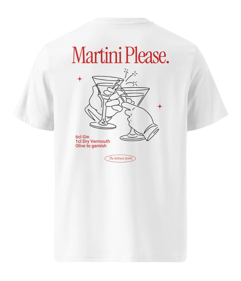 A crisp white graphic tee featuring the phrase "Martini Please" alongside a stylish martini illustration and recipe, printed on soft 100% organic cotton. A must-have for cocktail lovers.