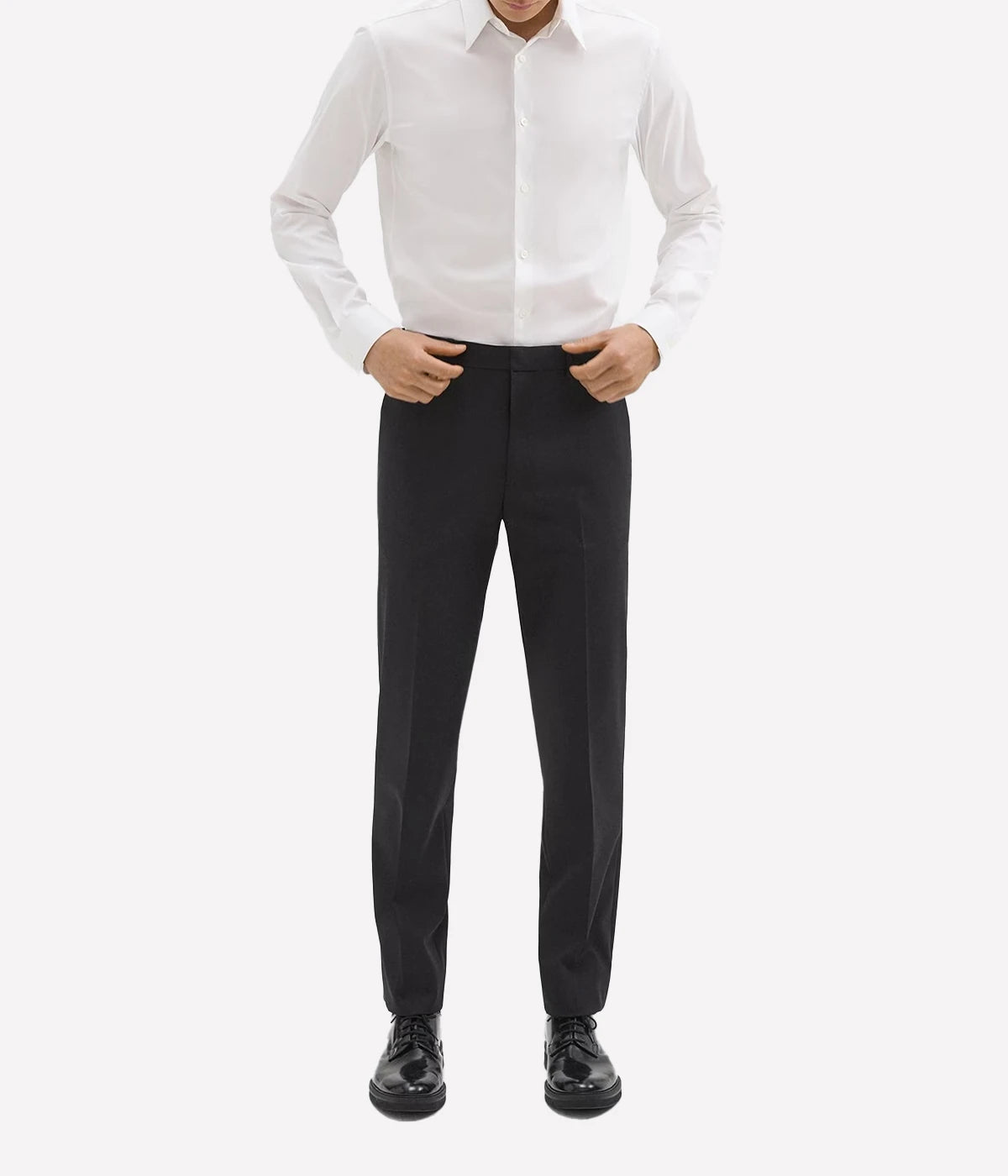 Mayer Trouser by Theory, crafted from medium-weight Italian virgin wool and Lycra Spandex. Features straight slim leg with subtle pressed creases, side slip pockets, back welt pockets, and hook-and-zip closure. Wrinkle-resistant and moisture-controlling fabric for all-day polish