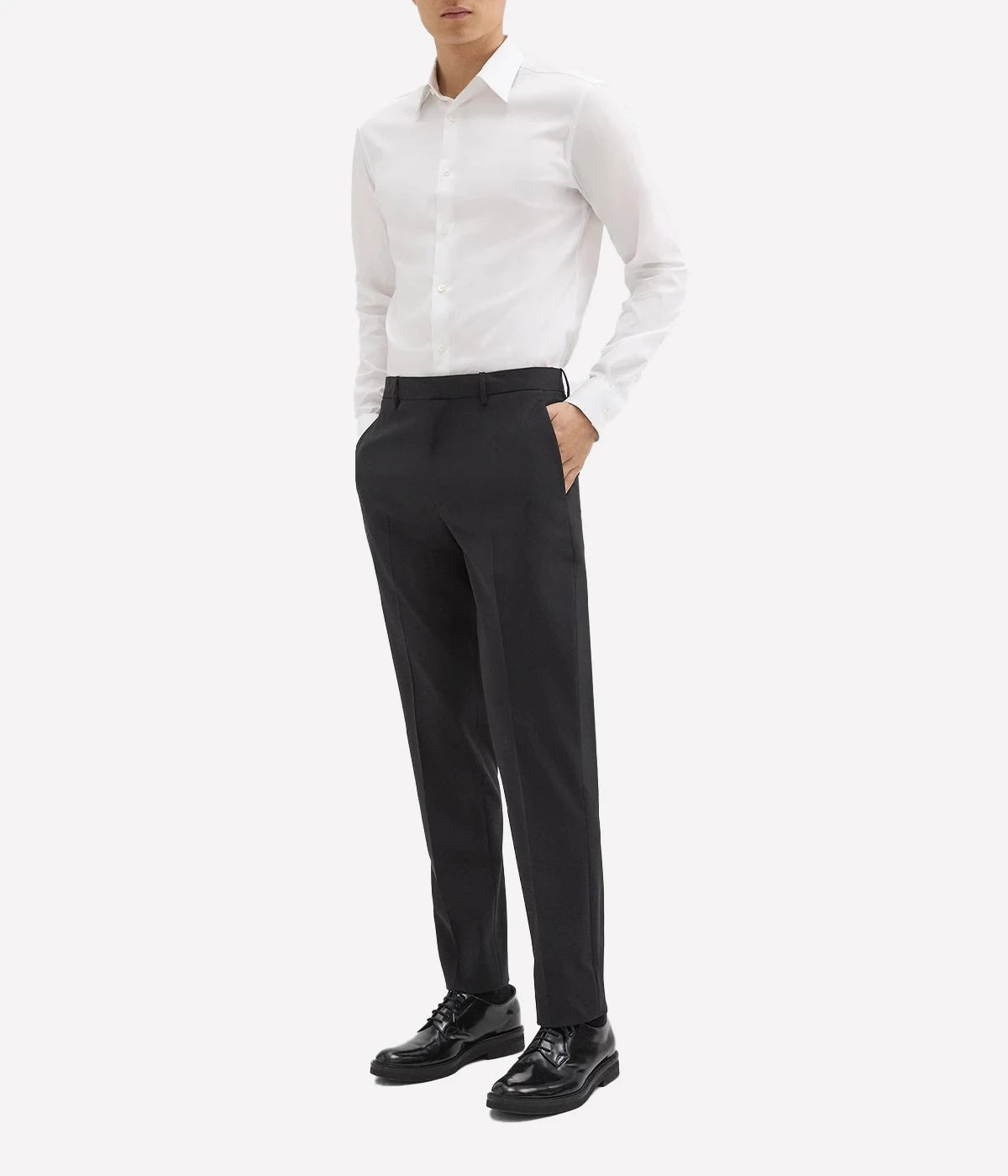 Mayer Trouser by Theory, crafted from medium-weight Italian virgin wool and Lycra Spandex. Features straight slim leg with subtle pressed creases, side slip pockets, back welt pockets, and hook-and-zip closure. Wrinkle-resistant and moisture-controlling fabric for all-day polish