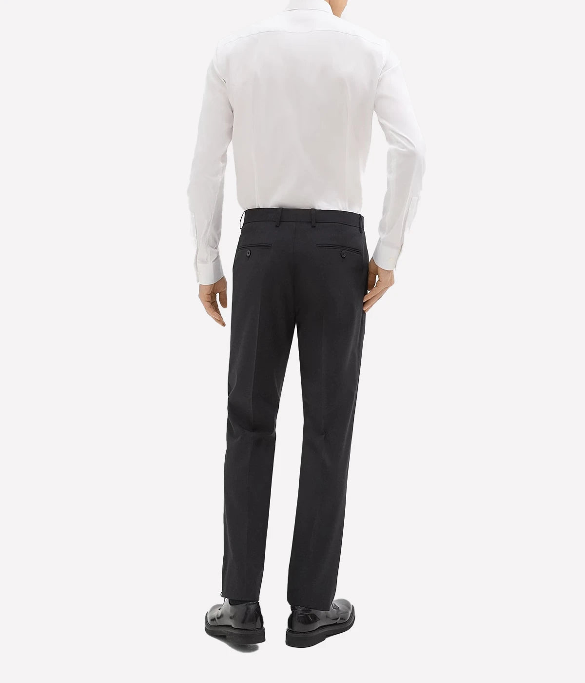 Mayer Trouser by Theory, crafted from medium-weight Italian virgin wool and Lycra Spandex. Features straight slim leg with subtle pressed creases, side slip pockets, back welt pockets, and hook-and-zip closure. Wrinkle-resistant and moisture-controlling fabric for all-day polish