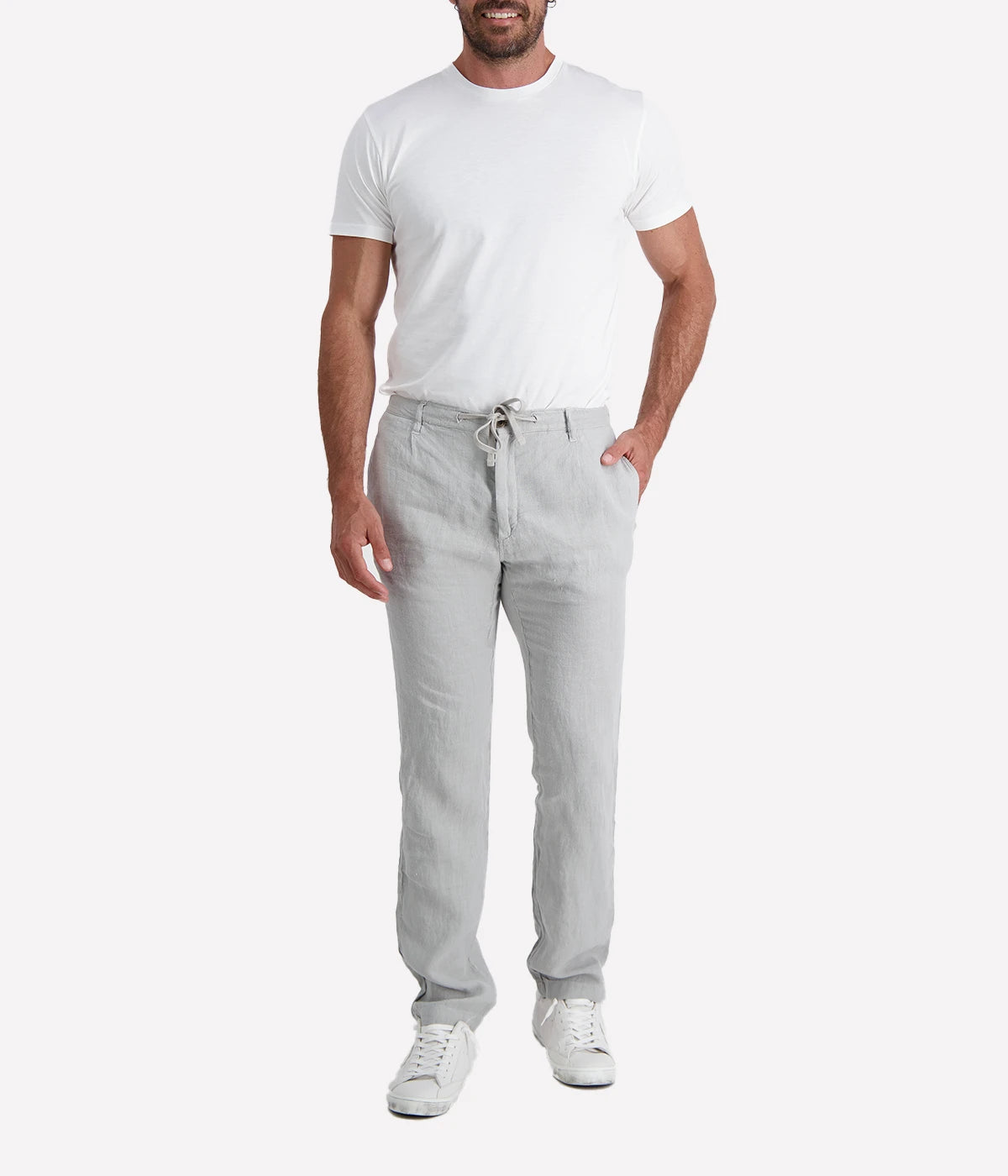 Hartford Tanker Pants in Silver, made from breathable French linen with a straight-leg fit, elastic drawstring waistband, and classic pocket detailing.