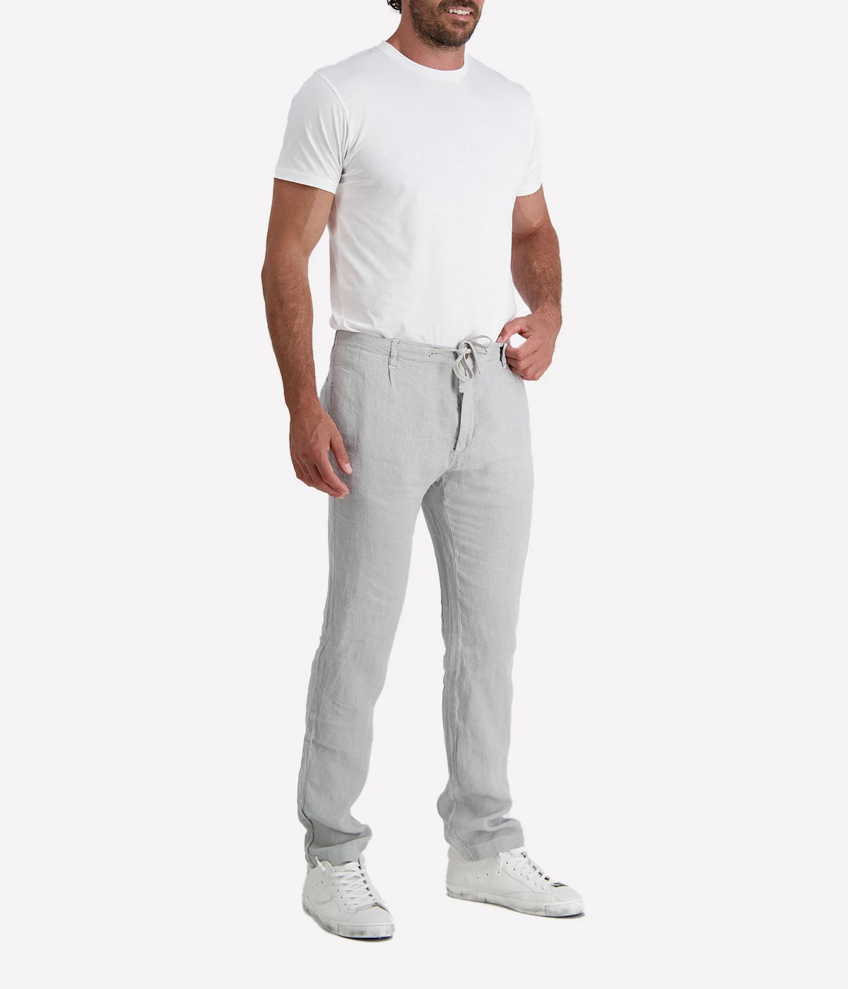 Hartford Tanker Pants in Silver, made from breathable French linen with a straight-leg fit, elastic drawstring waistband, and classic pocket detailing.