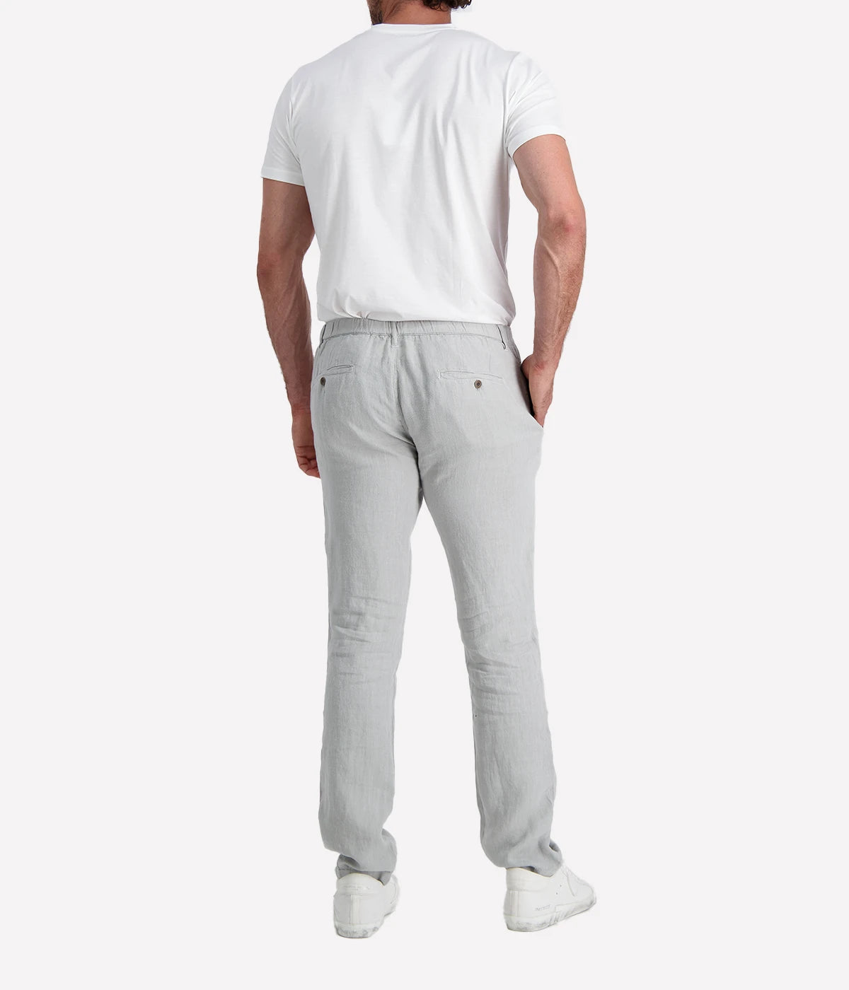 Hartford Tanker Pants in Silver, made from breathable French linen with a straight-leg fit, elastic drawstring waistband, and classic pocket detailing.