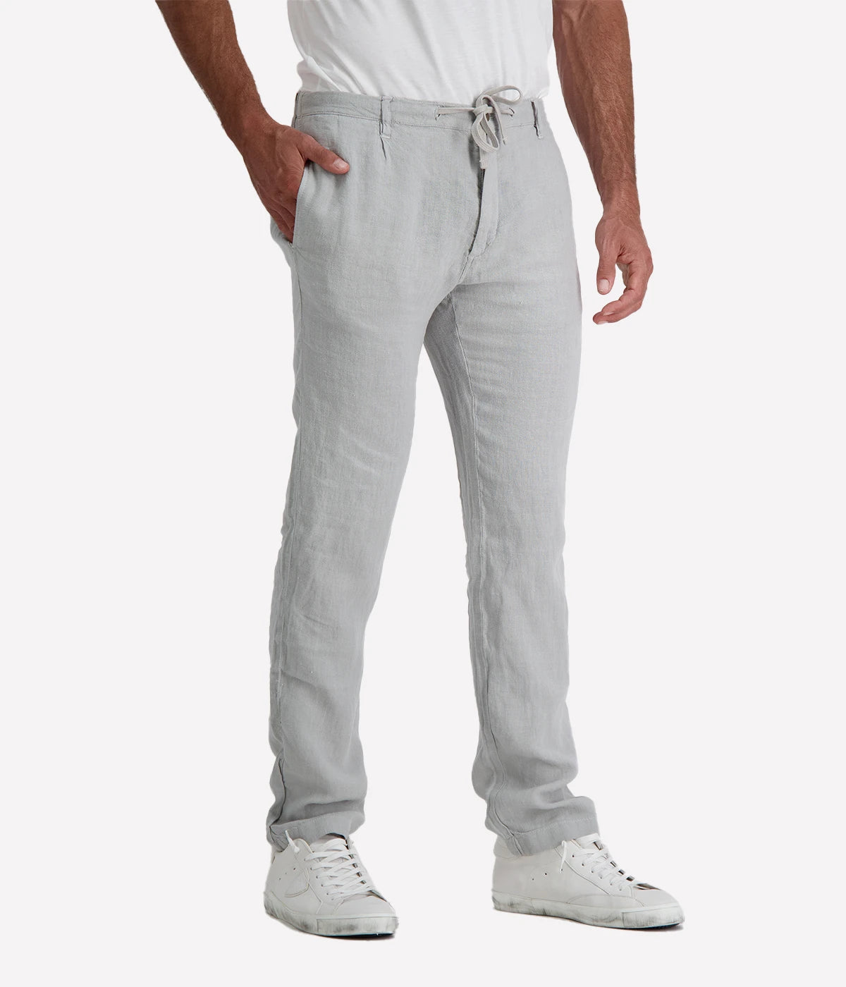 Hartford Tanker Pants in Silver, made from breathable French linen with a straight-leg fit, elastic drawstring waistband, and classic pocket detailing.