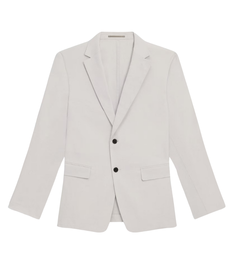 Theory Clinton Blazer in Good Linen, featuring a semi-constructed two-button design, notch lapels, and flap pockets. Breathable, lightweight, and made with sustainable stretch linen for all-day comfort.