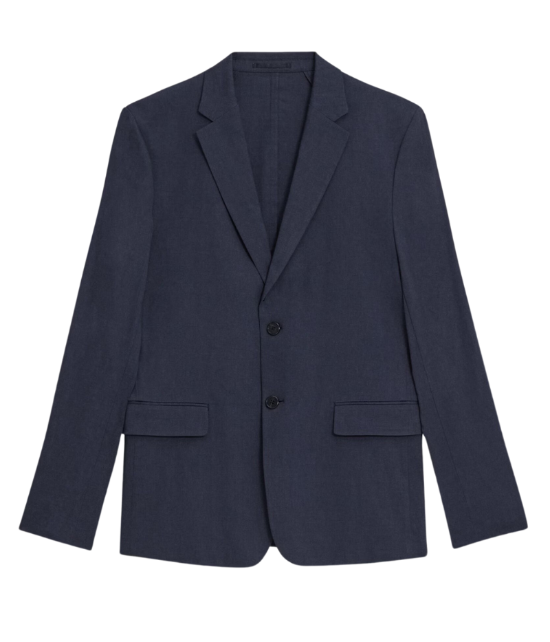 Theory Clinton Blazer in Good Linen, featuring a semi-constructed two-button design, notch lapels, and flap pockets. Breathable, lightweight, and made with sustainable stretch linen for all-day comfort.