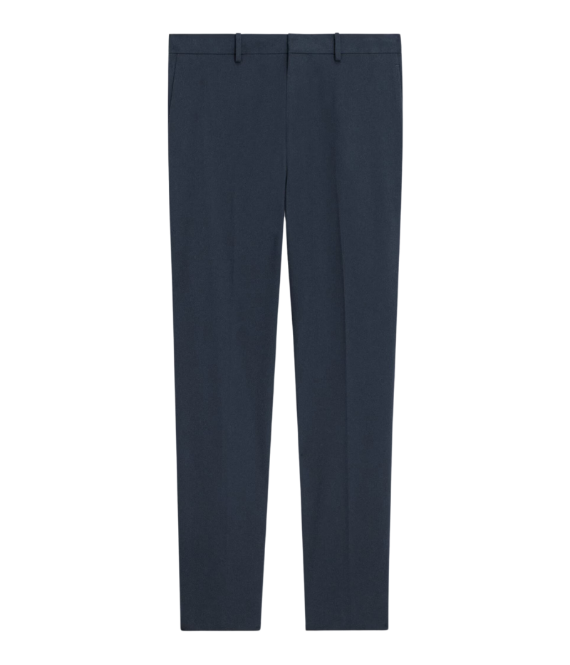 Theory Zaine Pant in Baltic, featuring a slim-straight leg, mid-rise fit, and crafted from bi-stretch twill for lasting shape and comfort. Made from a sustainable blend of recycled nylon and organic cotton.