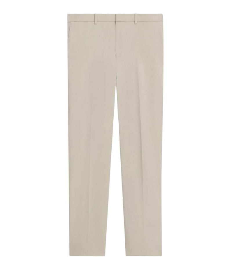 Theory Zaine Pant in New Sand, featuring a slim-straight leg, mid-rise fit, and bi-stretch twill fabric for all-day comfort. Made from a sustainable blend of recycled nylon and organic cotton.