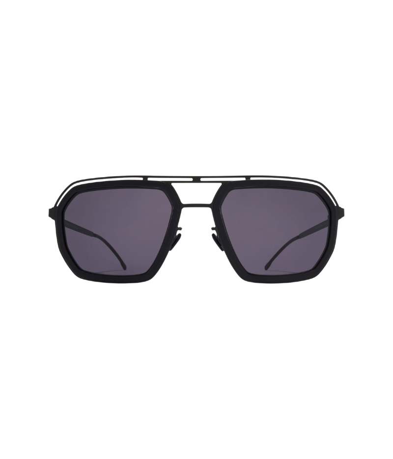 Close-up of the Mojave Sun MH6 sunglasses in Black Cool Grey, featuring a circular MYLON front within stainless steel rims for a sleek, lightweight design.