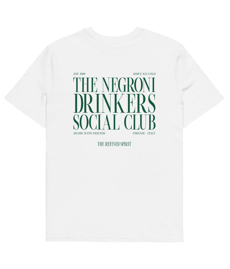 White graphic tee featuring "Negroni Drinkers Social Club" design, made from 100% organic cotton for a soft, durable feel and a classic fit.