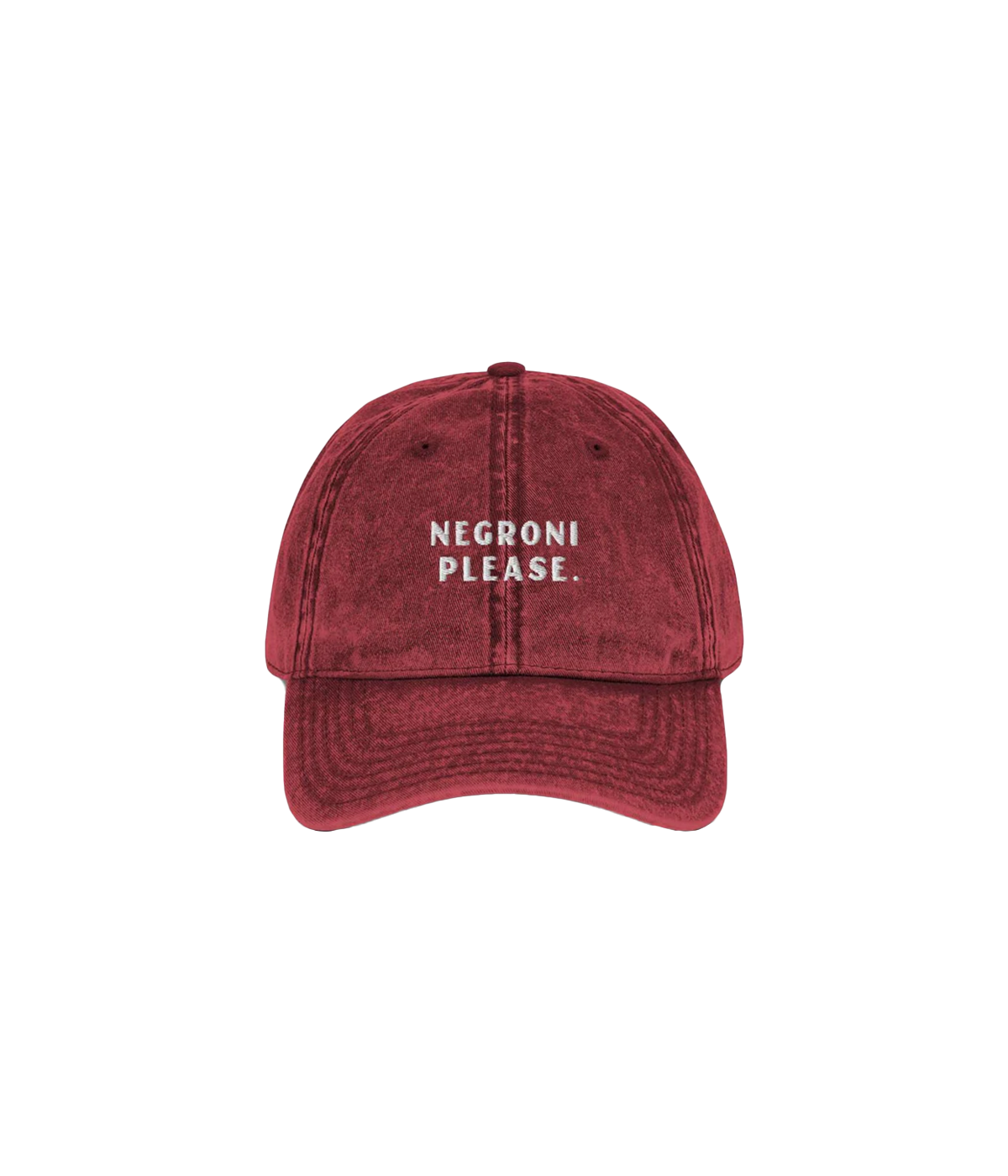 Vintage red "Negroni Please" dad cap from Refined Spirit, featuring fine embroidery, made from 100% cotton with an adjustable buckle strap for a comfortable fit.