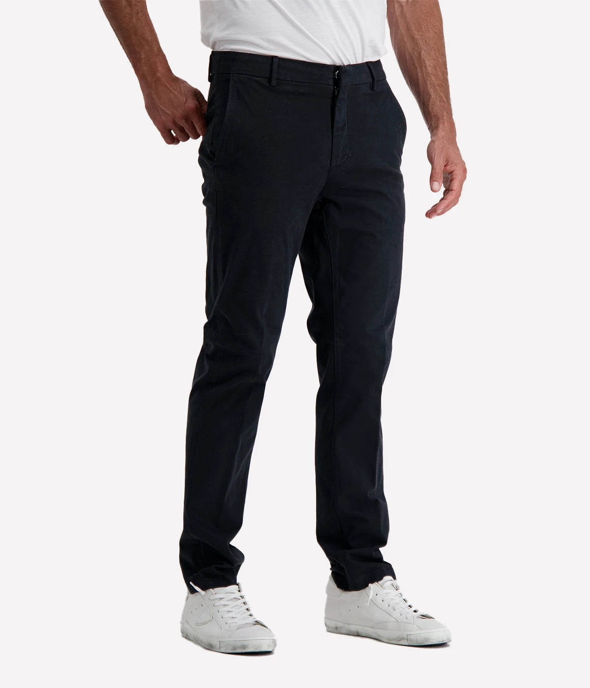 Slim-fit chino trousers crafted from stretch cotton for all-day comfort and ease of movement. Designed with a zip and button closure for a secure fit, front slant pockets for practicality, and welt back pockets for a refined finish. Perfect for both casual and smart occasions, these Italian-made chinos offer a sleek and sophisticated look.