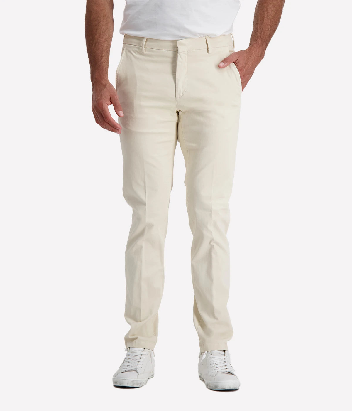 Slim-fit chino trousers crafted from stretch cotton for all-day comfort and ease of movement. Designed with a zip and button closure for a secure fit, front slant pockets for practicality, and welt back pockets for a refined finish. Perfect for both casual and smart occasions, these Italian-made chinos offer a sleek and sophisticated look.