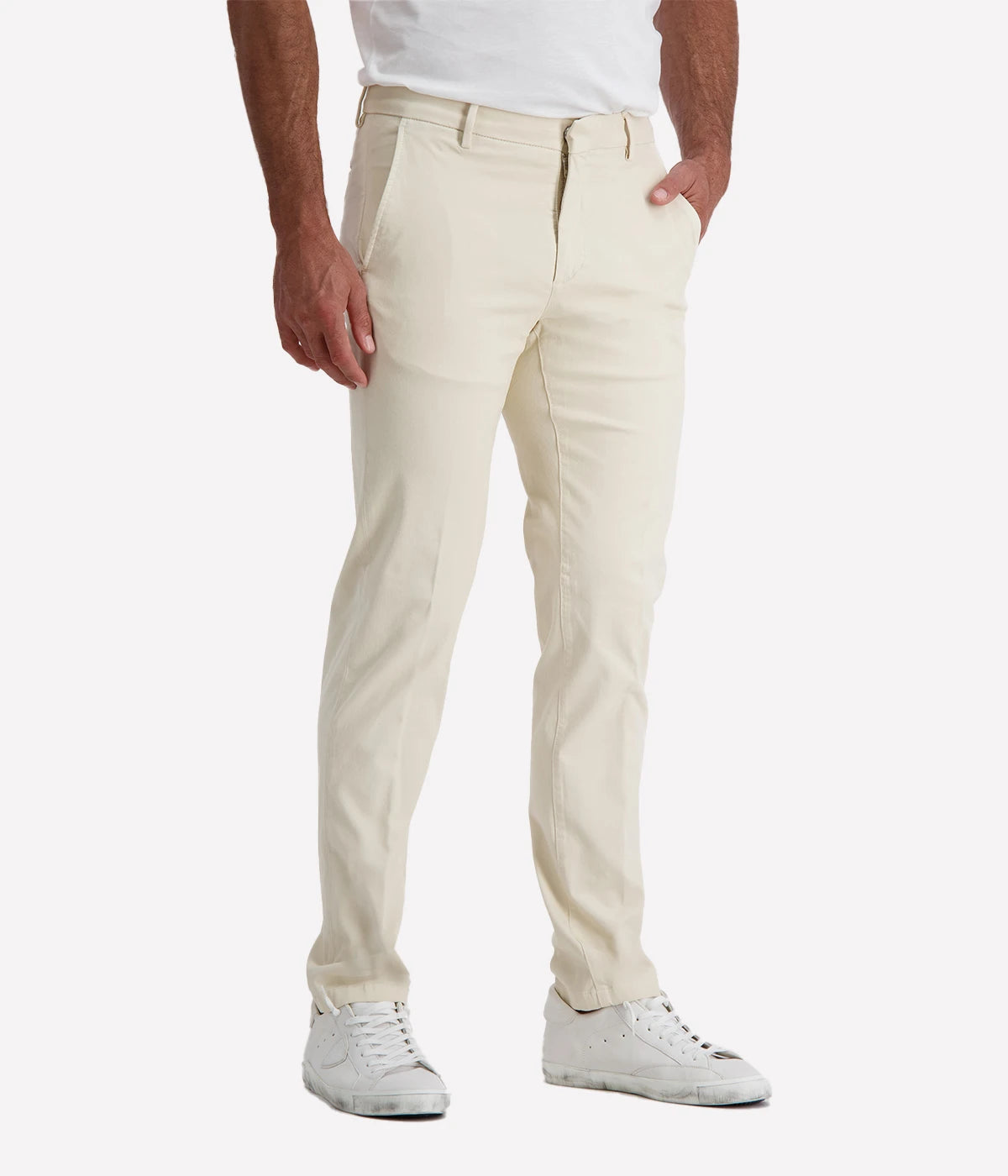 Slim-fit chino trousers crafted from stretch cotton for all-day comfort and ease of movement. Designed with a zip and button closure for a secure fit, front slant pockets for practicality, and welt back pockets for a refined finish. Perfect for both casual and smart occasions, these Italian-made chinos offer a sleek and sophisticated look.