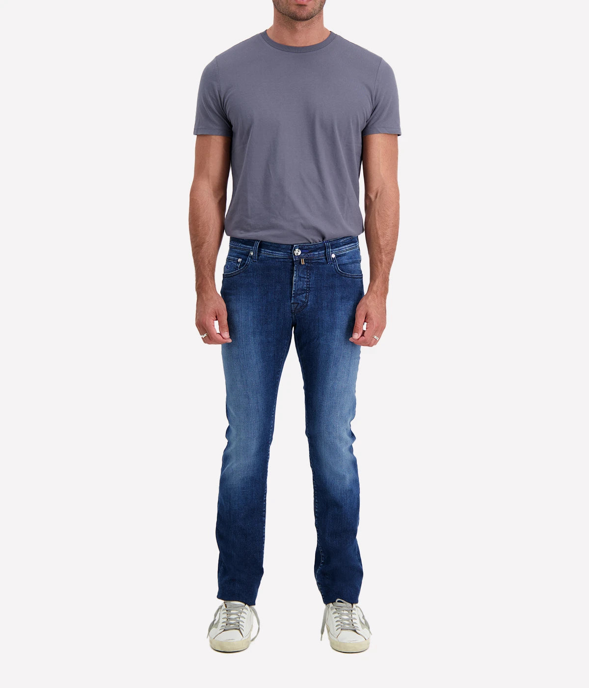 Nick 5 Pocket Slim Fit Jean in Washed Blue on Navy