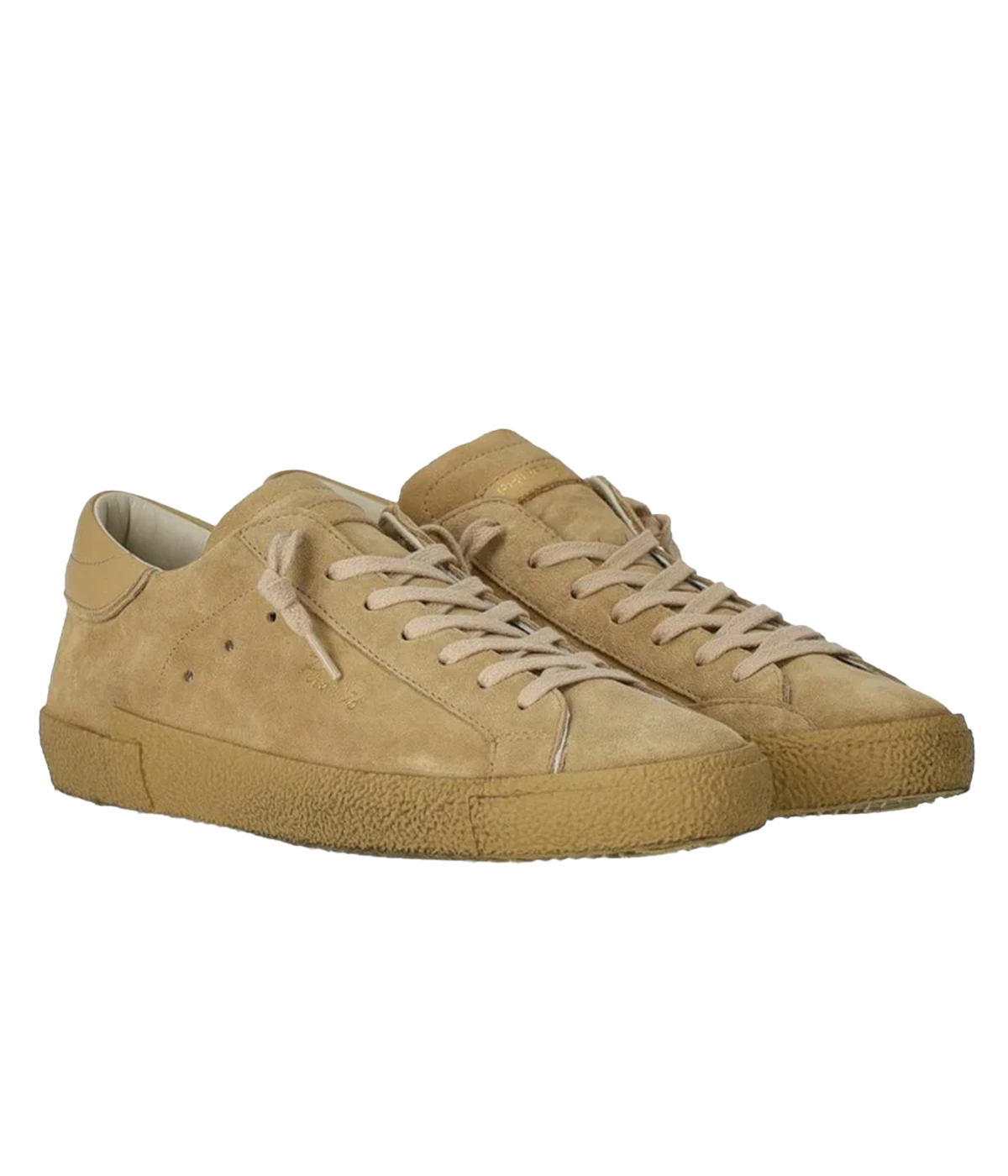 The Philippe Model PRSX Low Daim 70 sneaker combines premium leather and suede in tonal beige for a refined, casual look. Features laminated accents, a subtle "Prsx'78" print, cotton laces, and a comfortable rubber sole.