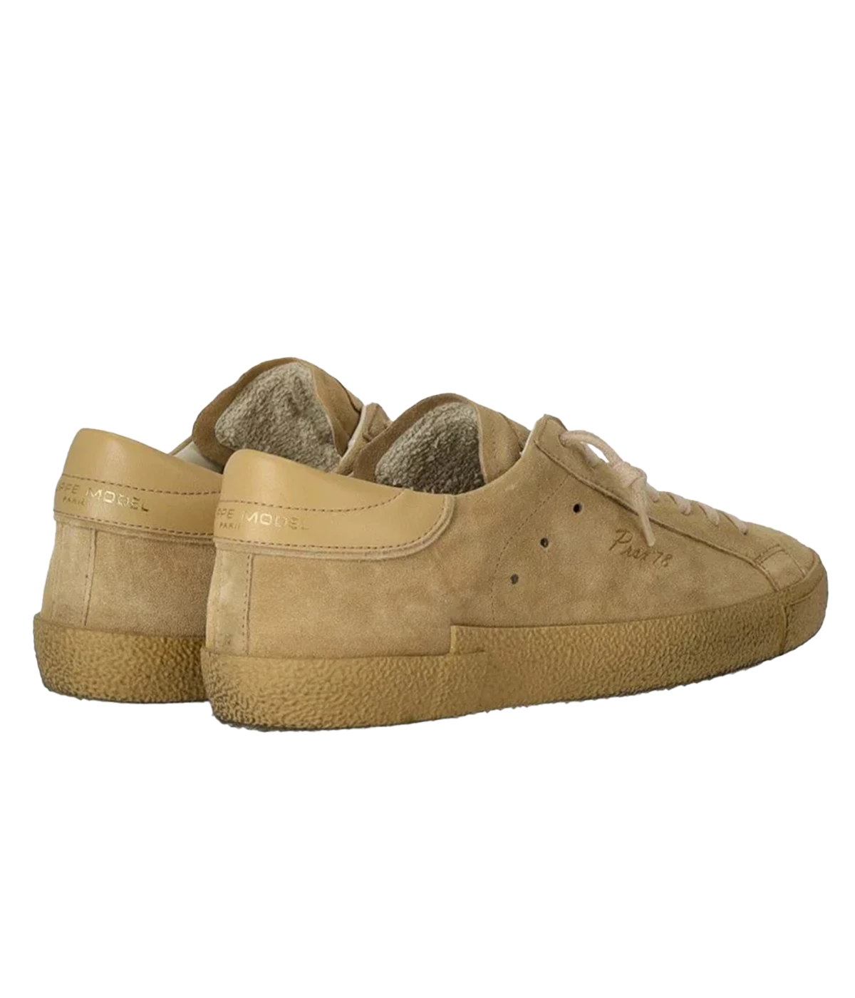 The Philippe Model PRSX Low Daim 70 sneaker combines premium leather and suede in tonal beige for a refined, casual look. Features laminated accents, a subtle "Prsx'78" print, cotton laces, and a comfortable rubber sole.