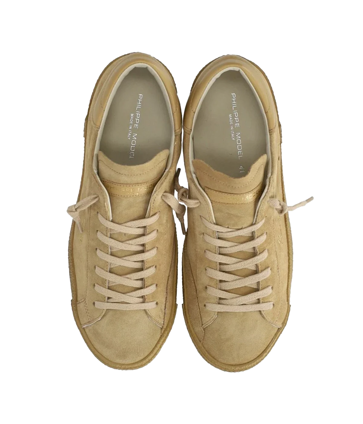 The Philippe Model PRSX Low Daim 70 sneaker combines premium leather and suede in tonal beige for a refined, casual look. Features laminated accents, a subtle "Prsx'78" print, cotton laces, and a comfortable rubber sole.