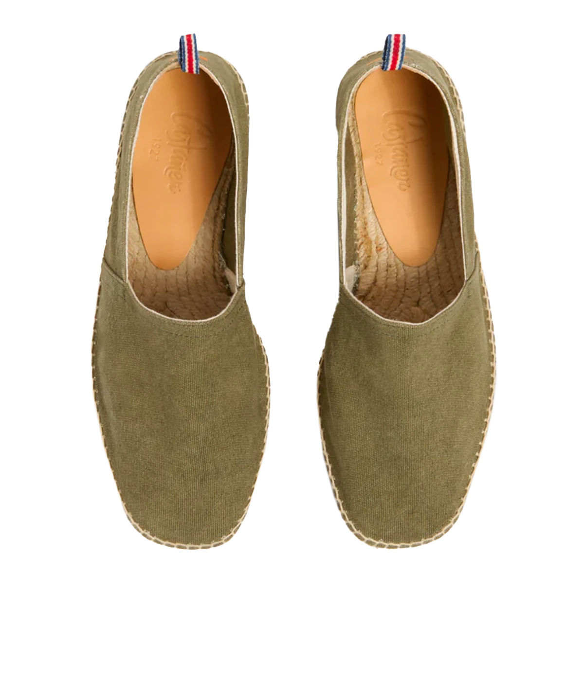 A top-down view of the Castañer Pablo Espadrilles, displaying the smooth fabric upper and neatly stitched details along the edges.