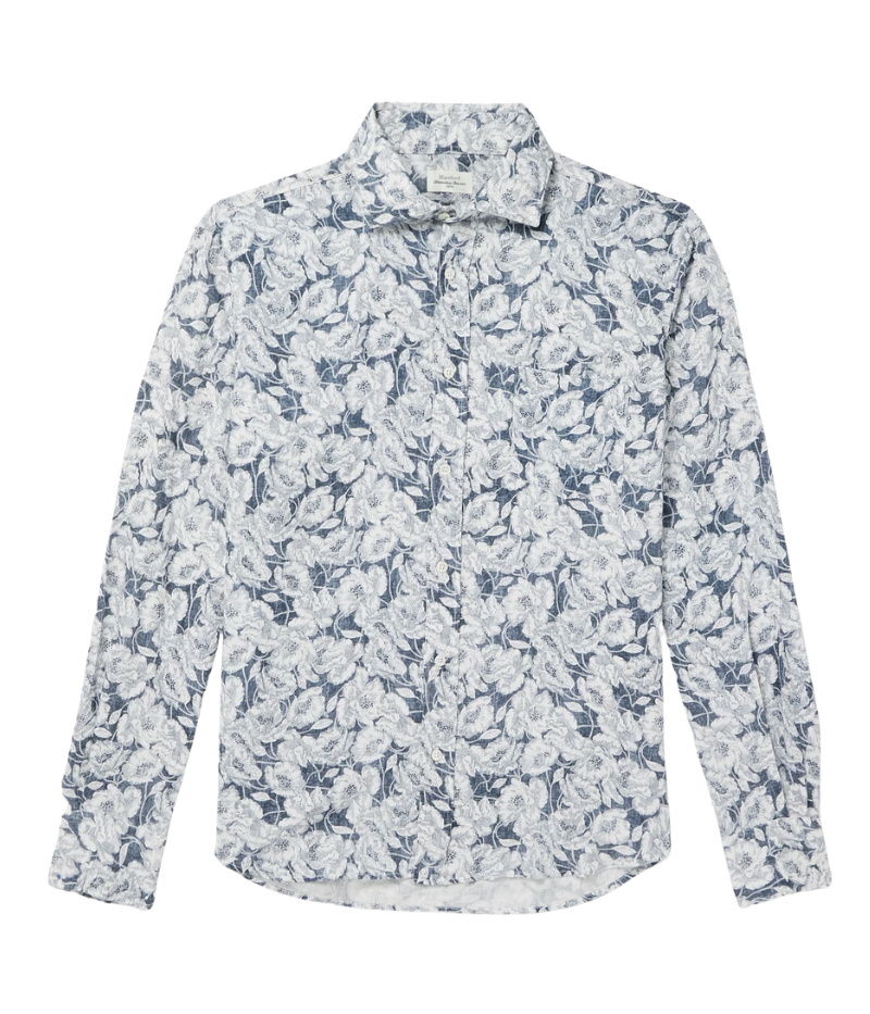 Flat lay of Hartford navy and white floral linen-cotton shirt, perfect for summer occasions or holiday wear.