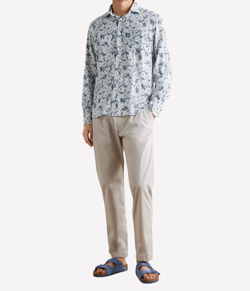 Front view of Hartford navy and white floral linen-cotton blend shirt, featuring a relaxed fit and button-down closure.