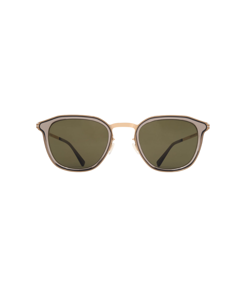 Close-up of the Pavi sunglasses, showcasing their sleek stainless steel frame and tinted lenses with anti-reflective coating for a modern, minimalist look.