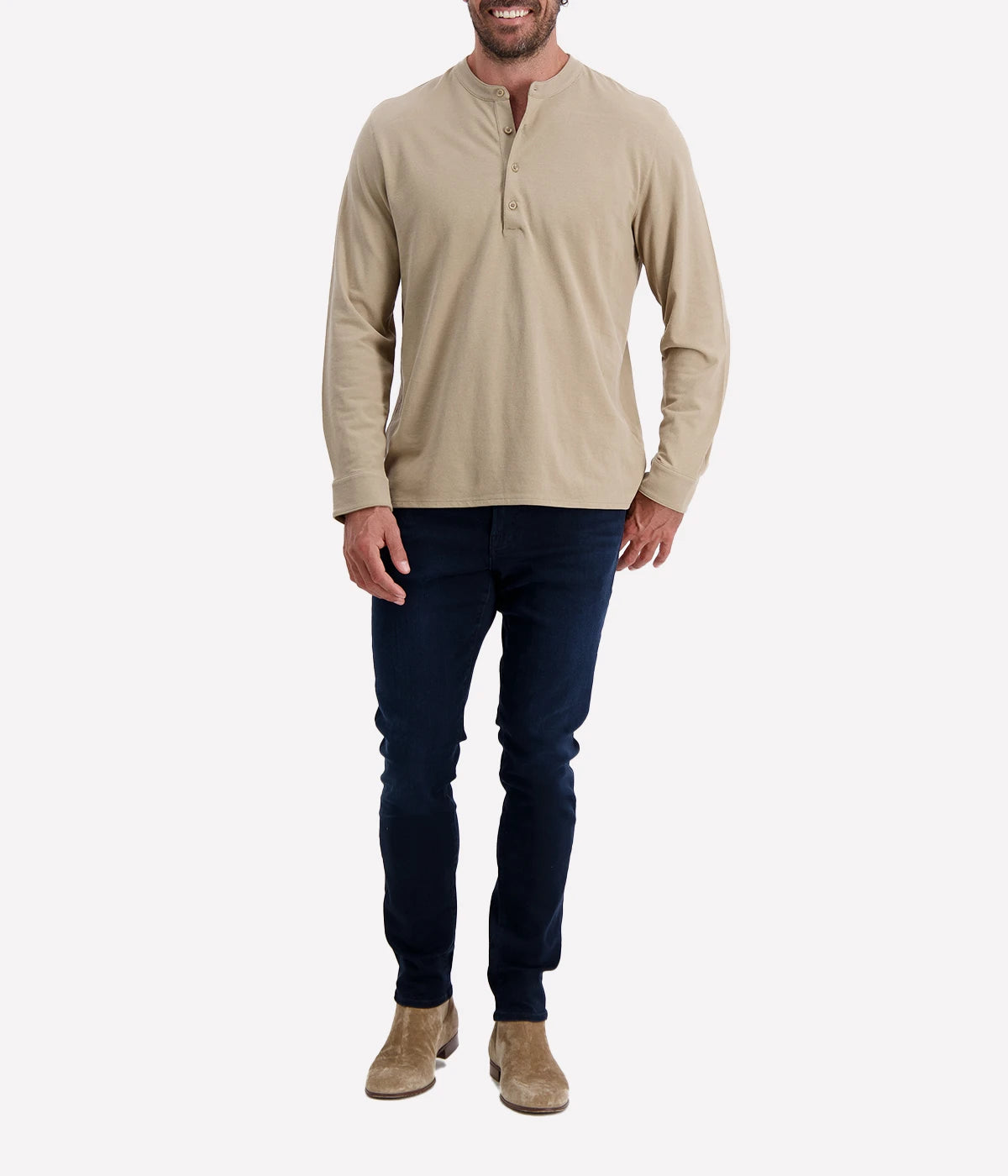 Vince Pique Collar Stand Long Sleeve in Wheat, crafted from soft cotton pique for a lightweight and breathable feel. Featuring a structured neckline for a refined touch, this versatile long-sleeve pairs effortlessly with jeans or chinos for a smart yet relaxed look.