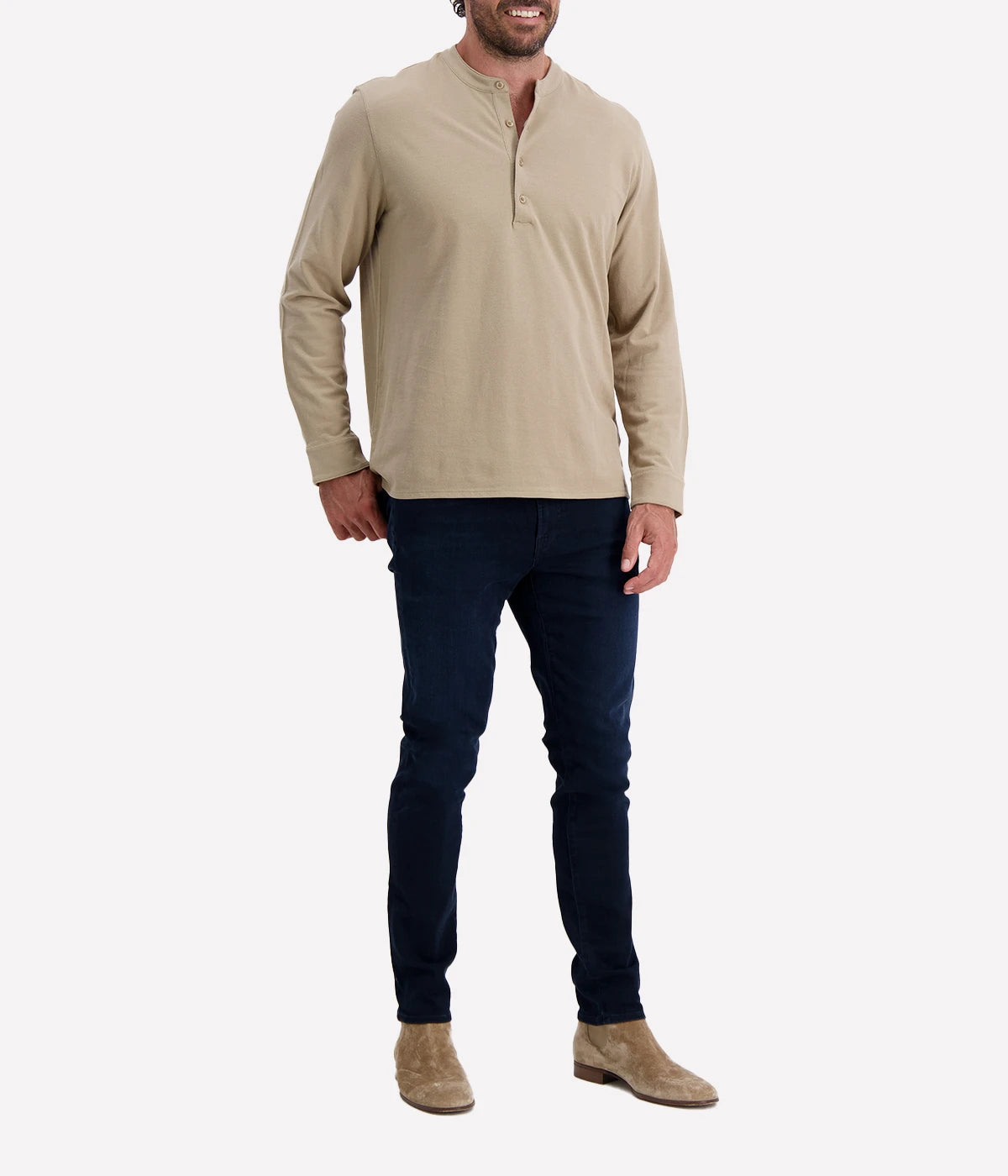 Vince Pique Collar Stand Long Sleeve in Wheat, crafted from soft cotton pique for a lightweight and breathable feel. Featuring a structured neckline for a refined touch, this versatile long-sleeve pairs effortlessly with jeans or chinos for a smart yet relaxed look.