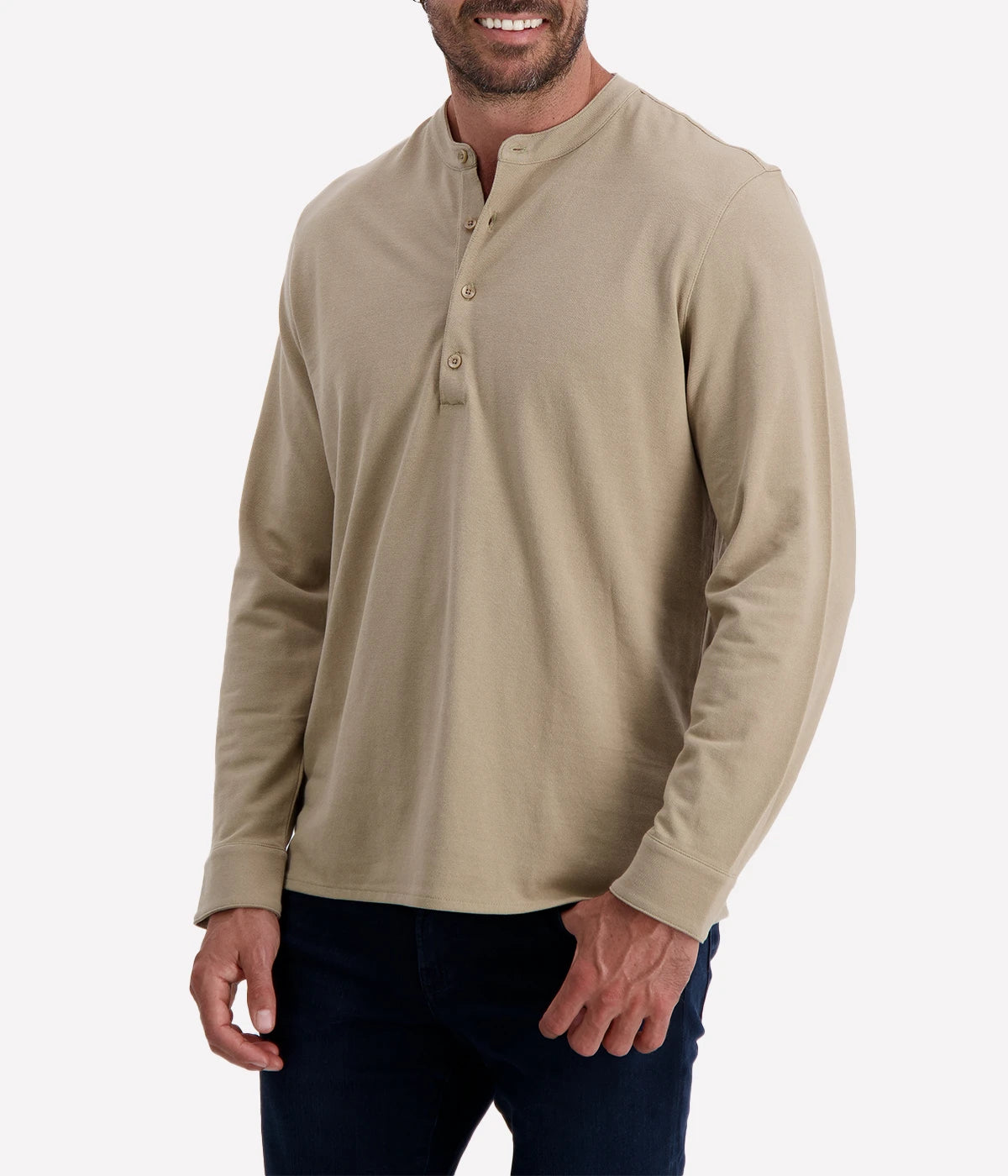 Vince Pique Collar Stand Long Sleeve in Wheat, crafted from soft cotton pique for a lightweight and breathable feel. Featuring a structured neckline for a refined touch, this versatile long-sleeve pairs effortlessly with jeans or chinos for a smart yet relaxed look.