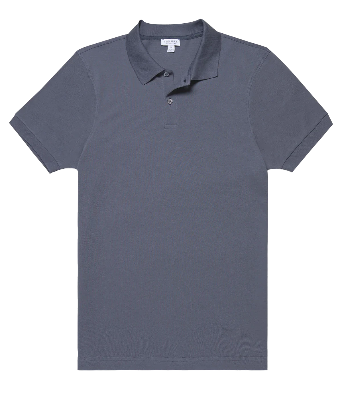 Slate blue piqué polo shirt for men made from Supima cotton. Features ribbed collar, side vents, and branded shell buttons for a polished look.