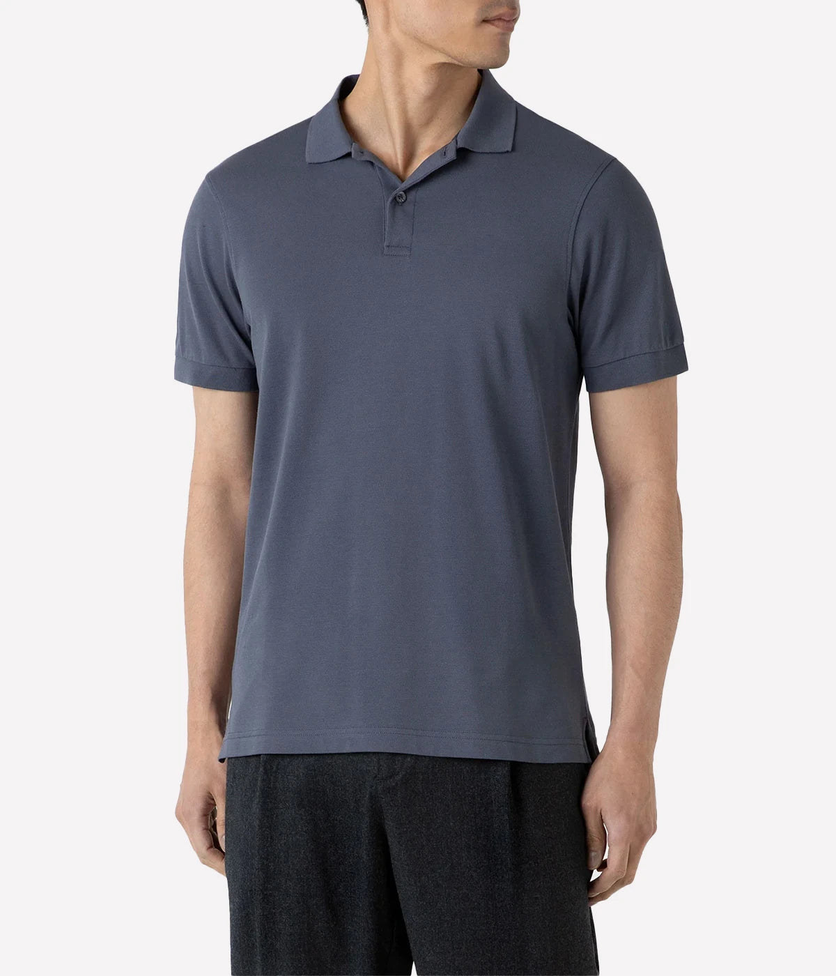 Slate blue piqué polo shirt for men made from Supima cotton. Features ribbed collar, side vents, and branded shell buttons for a polished look.