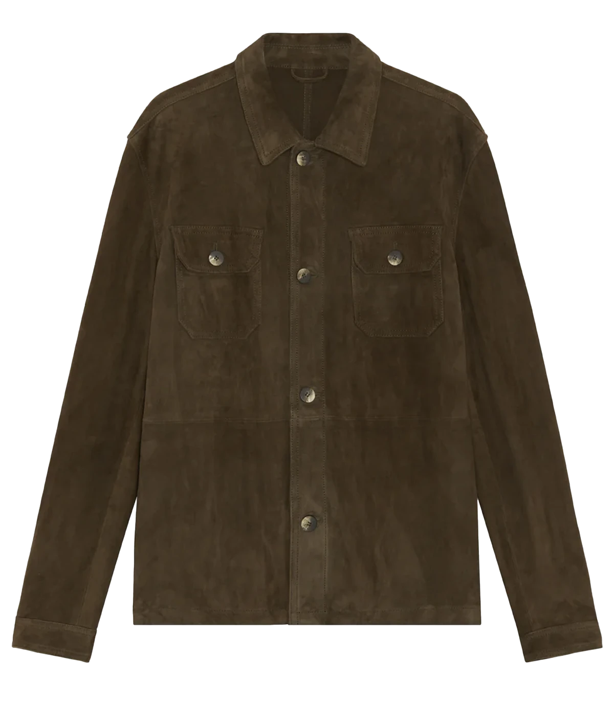 Ravi overshirt in 100% goat suede, featuring a classic collar, front button closure, flap utility pockets, and branded imitation stone buttons. Soft, durable, and crease-resistant with tonal stitching for a polished finish.