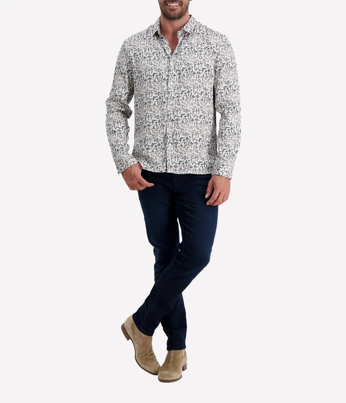 Ross Shirt in grey with subtle floral pattern, slim fit cut, lightweight modal fabric, and a classic collar.