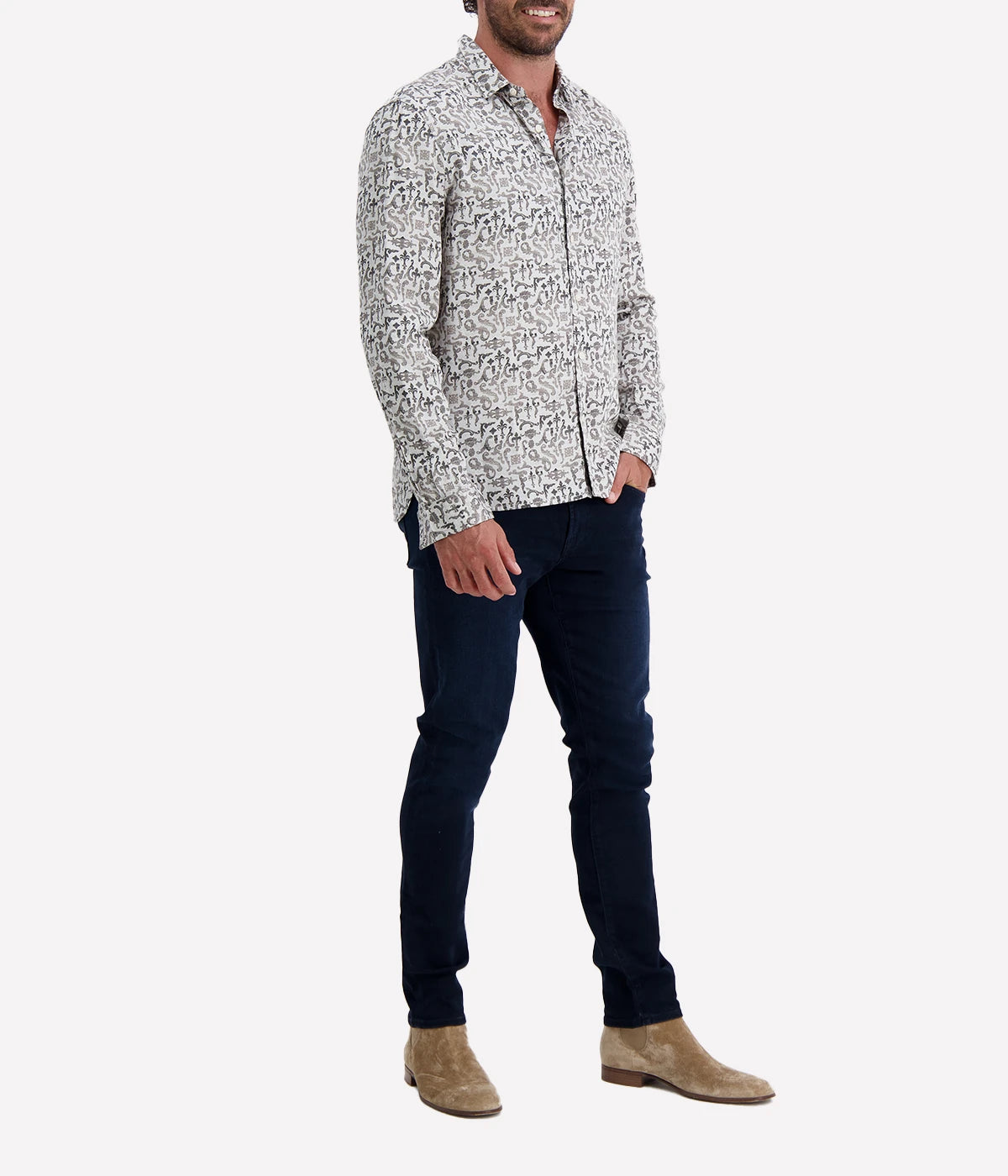 Ross Shirt in grey with subtle floral pattern, slim fit cut, lightweight modal fabric, and a classic collar.