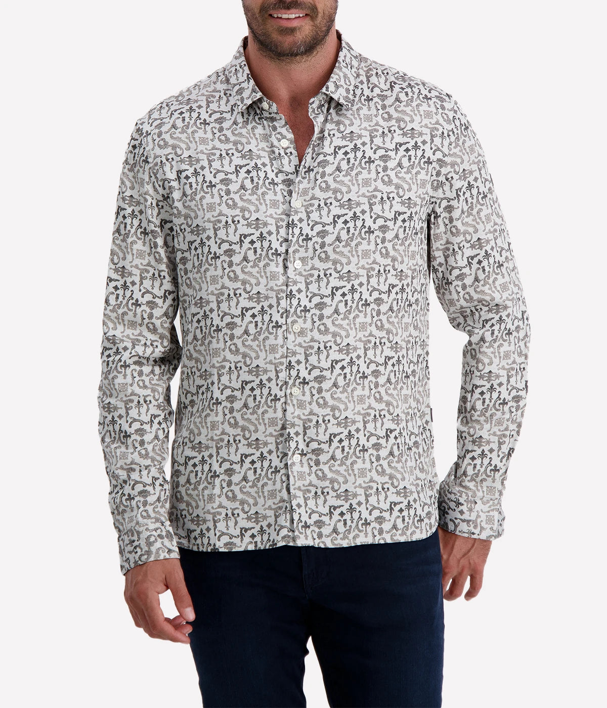 Ross Shirt in grey with subtle floral pattern, slim fit cut, lightweight modal fabric, and a classic collar.