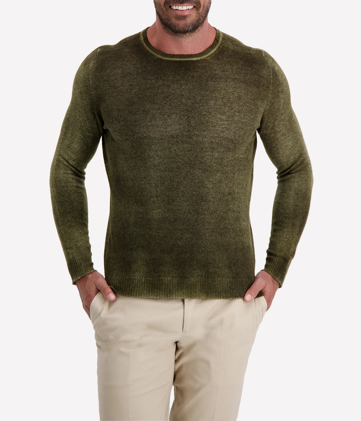 Avant Toi reversible pullover in Moss, featuring a textured dark khaki side and a smoother reverse. Made in Italy for a luxurious yet effortless feel.