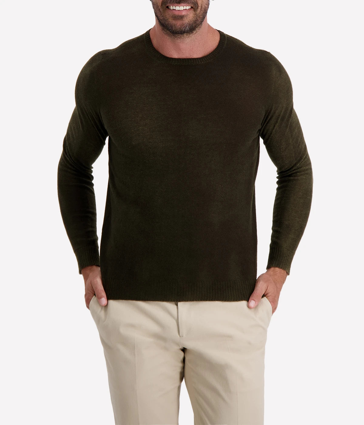 Avant Toi reversible pullover in Moss, featuring a textured dark khaki side and a smoother reverse. Made in Italy for a luxurious yet effortless feel.