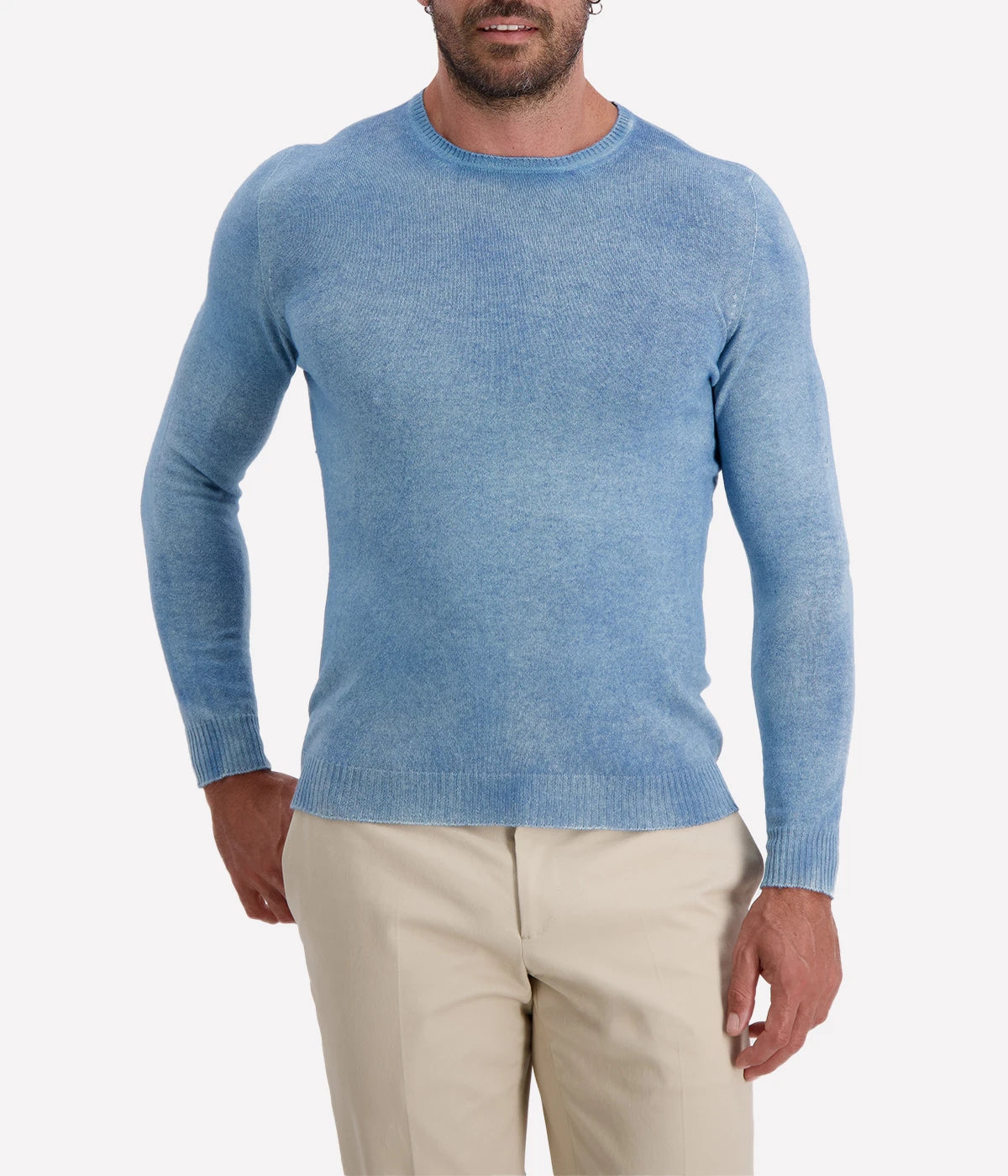 Avant Toi reversible pullover in Water, featuring a textured mid-light blue side and a smoother reverse. Made in Italy, combining luxurious comfort with effortless style.