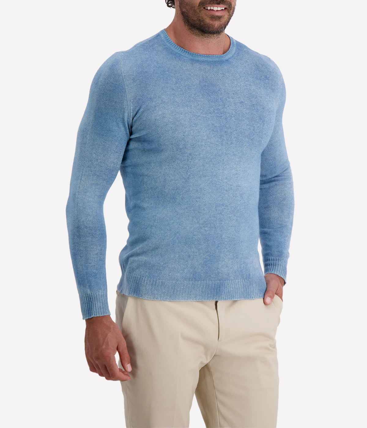 Avant Toi reversible pullover in Water, featuring a textured mid-light blue side and a smoother reverse. Made in Italy, combining luxurious comfort with effortless style.