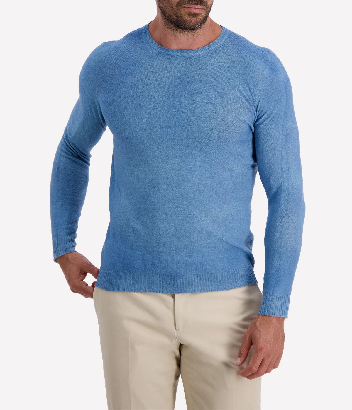 Avant Toi reversible pullover in Water, featuring a textured mid-light blue side and a smoother reverse. Made in Italy, combining luxurious comfort with effortless style.