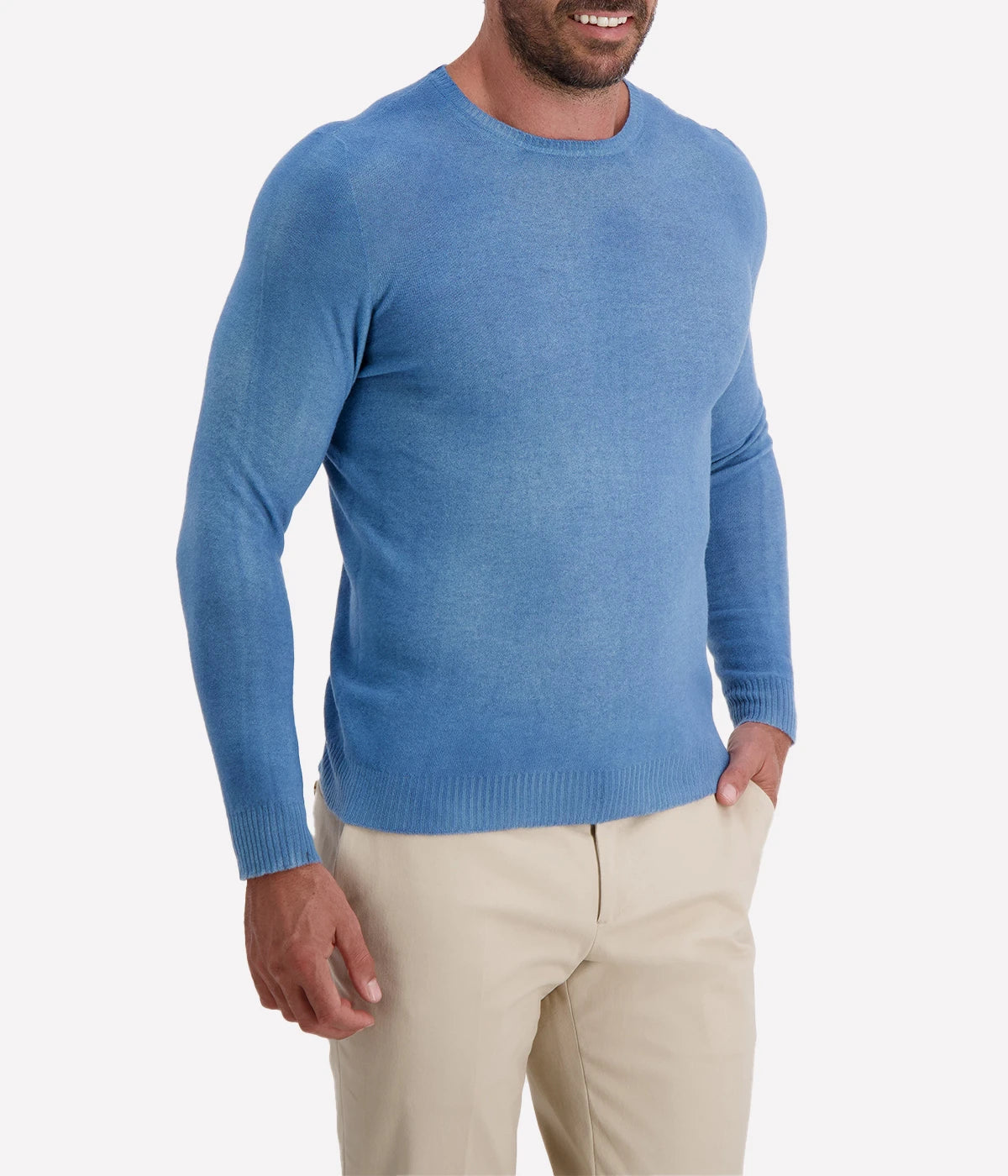 Avant Toi reversible pullover in Water, featuring a textured mid-light blue side and a smoother reverse. Made in Italy, combining luxurious comfort with effortless style.