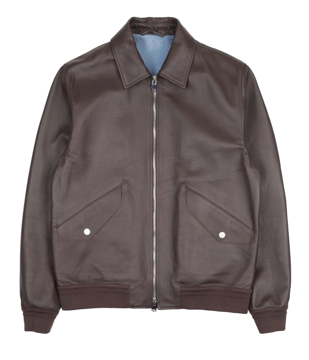 Two-tone nappa leather flight jacket with ribbed trims, flap pockets, and a two-way zipper, made in Italy.