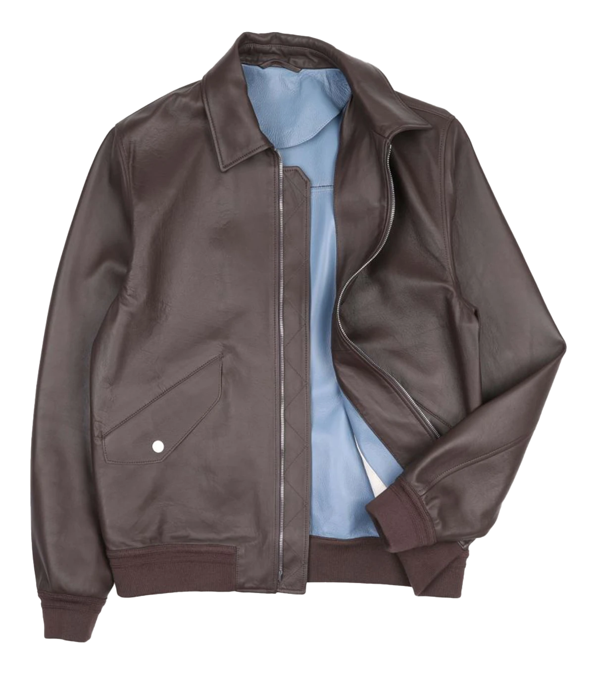 Two-tone nappa leather flight jacket with ribbed trims, flap pockets, and a two-way zipper, made in Italy.