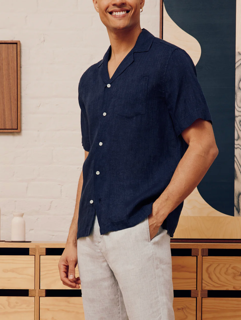 Angelo Linen Short Sleeve Shirt in Midnight Blue