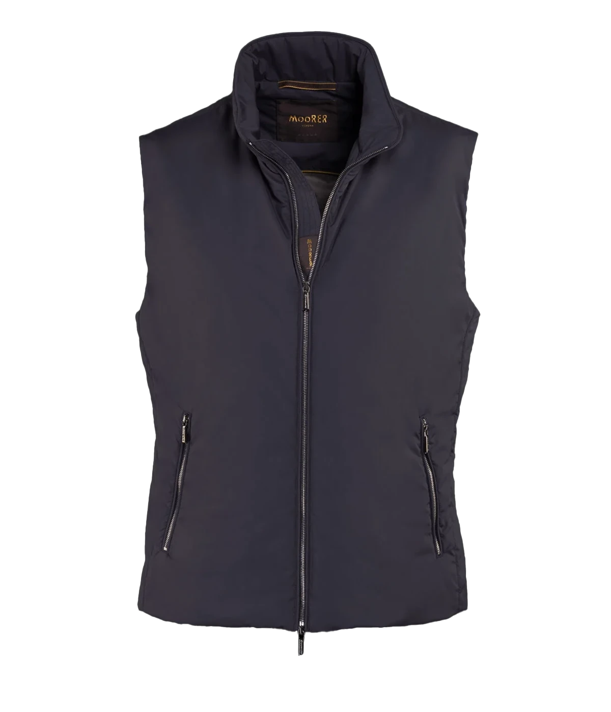 Senio Vest in Navy by MooRER, featuring water-repellent lightweight fabric, synthetic feather-effect padding, double-zip front closure, and zippered pockets. Made in Italy.