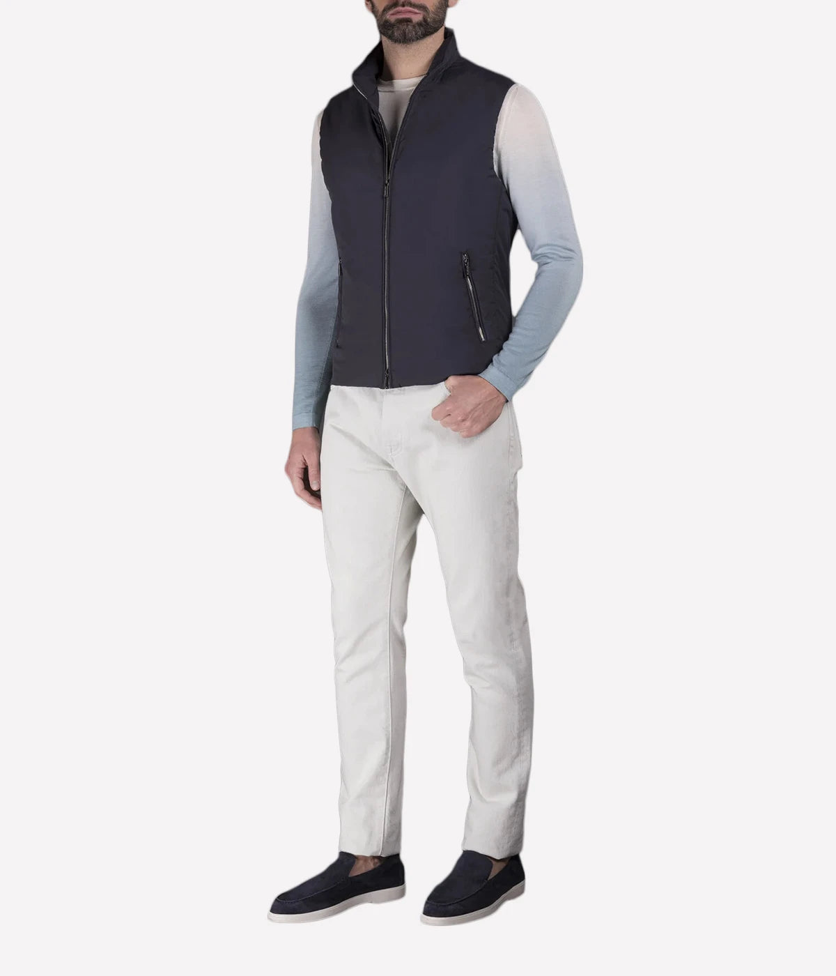 Senio Vest in Navy by MooRER, featuring water-repellent lightweight fabric, synthetic feather-effect padding, double-zip front closure, and zippered pockets. Made in Italy.