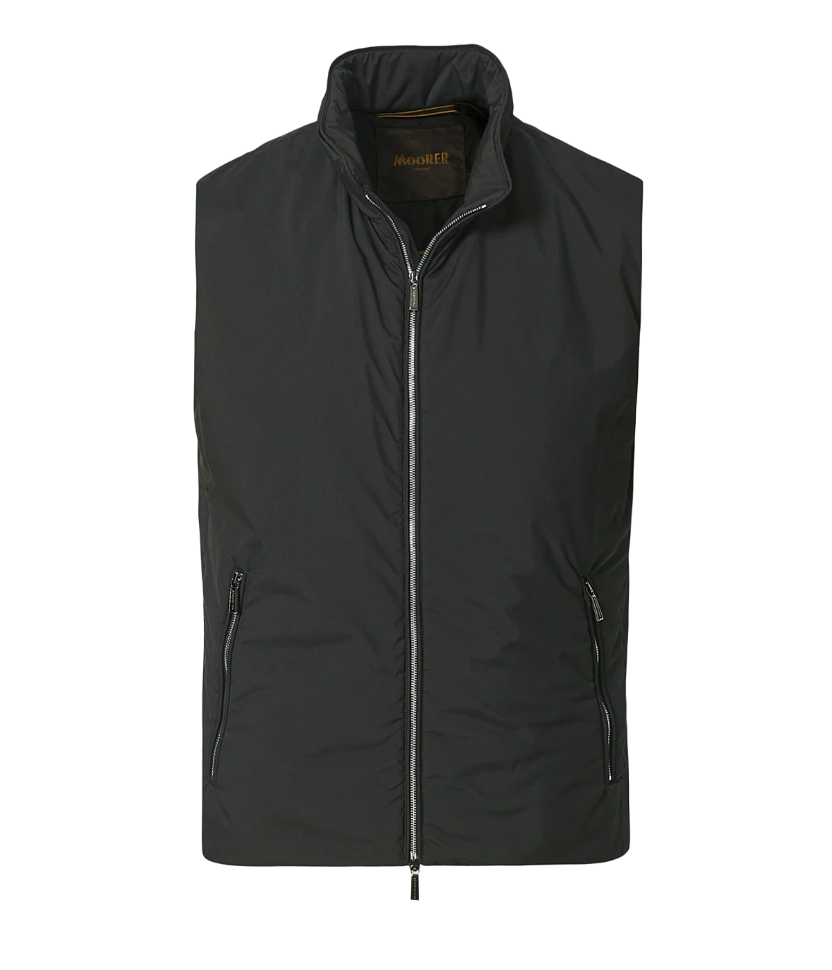 Senio Vest in Black by MooRER, featuring lightweight water-repellent fabric, synthetic feather-effect padding, double-zip front closure, and zippered pockets. Made in Italy.